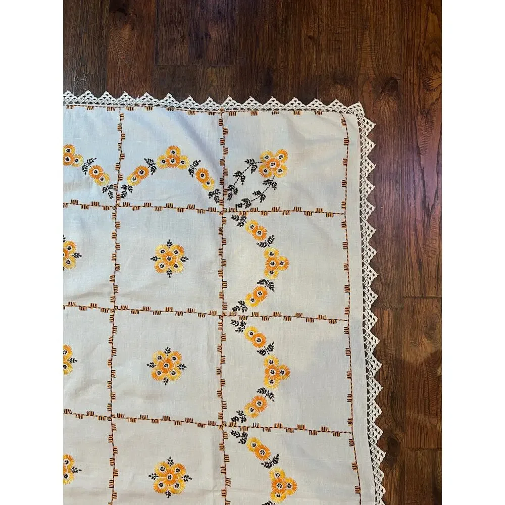 Vintage Embroidered Tablecloth Autumnal Orange Yellow Floral Crochet Lace Border